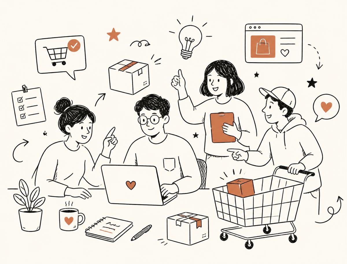 Illustration dessinée à la main d'une équipe travaillant sur des commandes en ligne